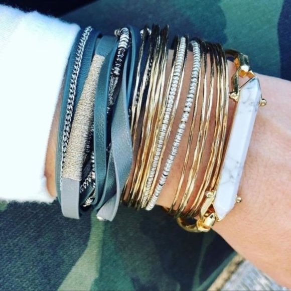 Stella & Dot Rhett Cuff Bracelet ~ Gold Silver Beaded Bangle - Picture 3 of 7